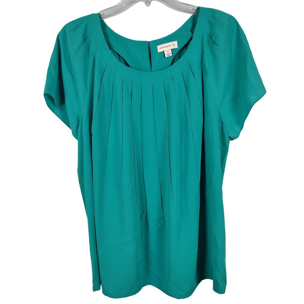 Susan Graver Womens 1X Pleated Blouse Teal Short Sleeve Officecore